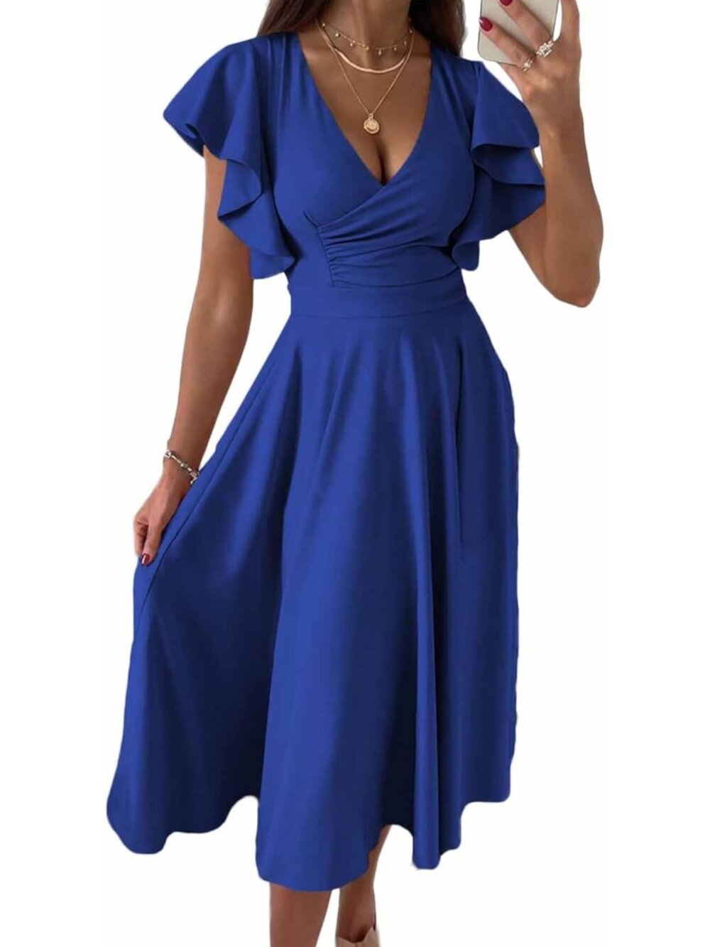 Women's Blue Ruffled Flutter Sleeves V Neck High Waist Imported MIDI Dress
